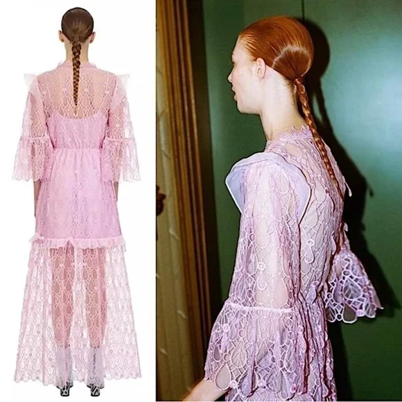 NWT SELF PORTRAIT Lilac Crochet Mesh Lace Tiered Ruffle Fairycore Maxi Dress 6 - Picture 7 of 16